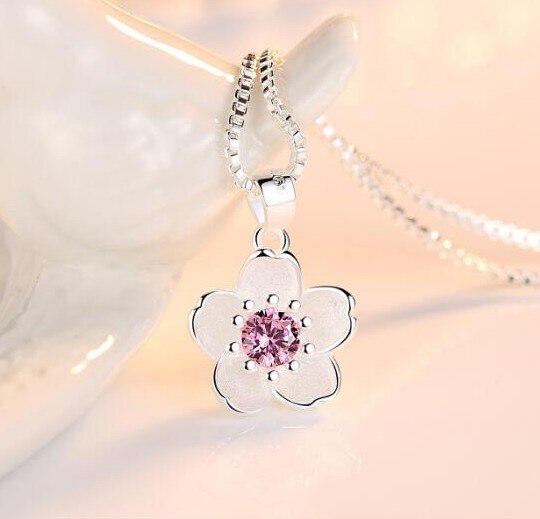 100% 925 Sterling silber glänzend kristall kirschblüzehn blume Damen'Anhänger halsketten frauen kurze Kasten kette hochzeit: Rosa