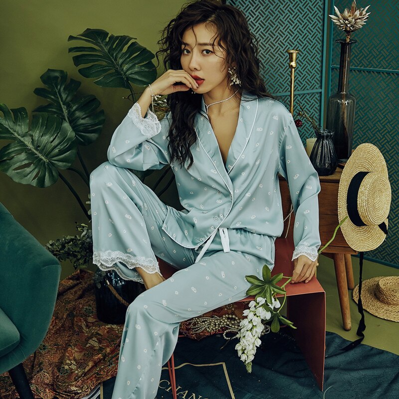 Kobiety satynowa bielizna nocna sweter luksusowy lodowy jedwab piżama odzież domowa kwiaty z długim rękawem koszula nocna zestawy gorąca sprzedaż piżamy