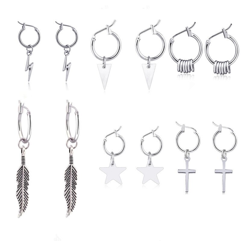 1 Paar Rvs Ster Veer Hoepel Oorbellen Voor Mannen/Vrouwen Cross Driehoek Cirkel Hanger Oorbellen Punk Gothic Metal sieraden