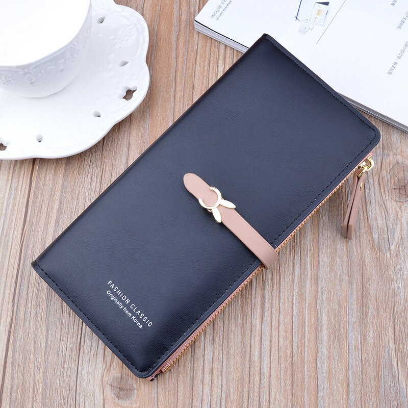 Carteira feminina com zíper, carteira longa moda estudante com suporte para cartões: Preto