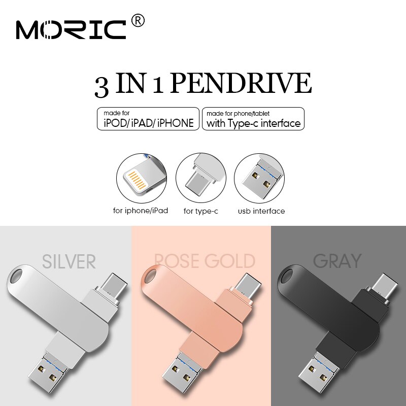 3 In 1 Usb 3.0 U Disk Metal Flash Pen Drive Memory Stick Lightning Connector Voor Iphone 11 Pro/11/Xs/X/8/7