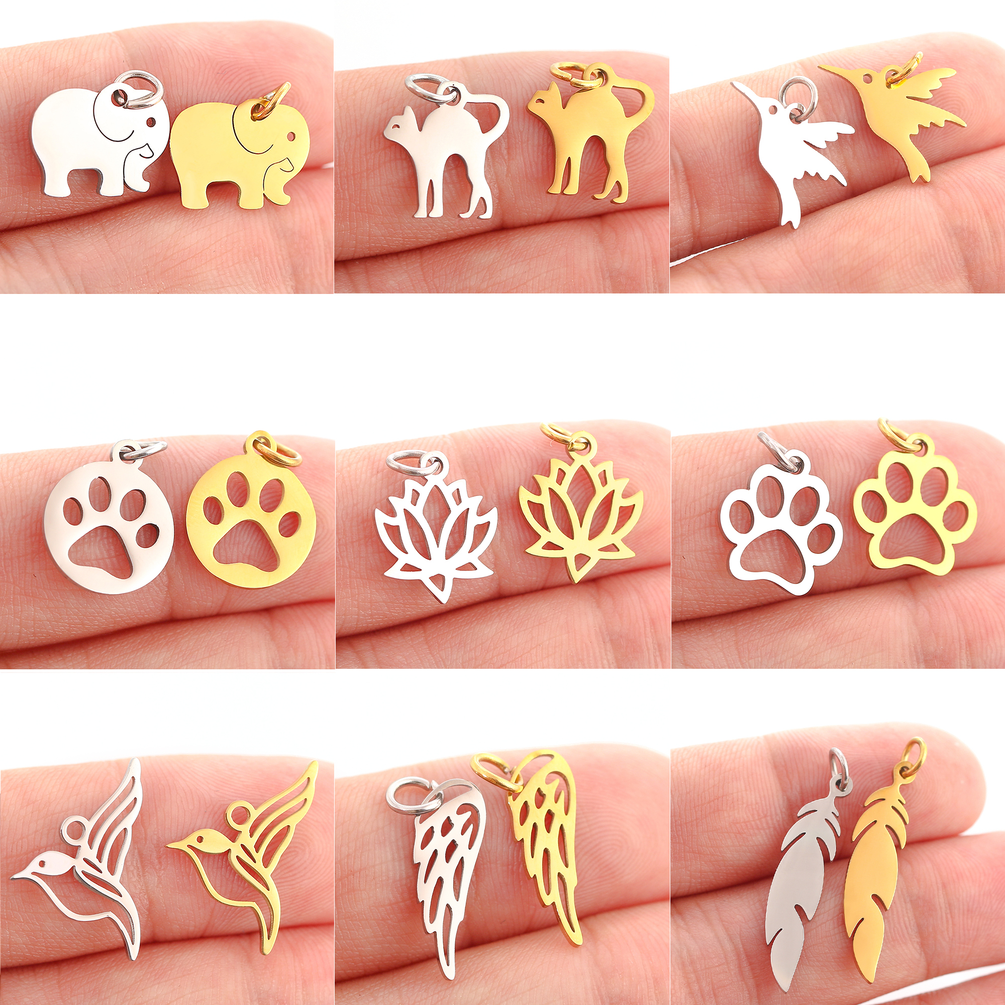 5 stuks/set dierenklauw bedeltjes van roestvrij staal: kat/olifant/kolibrie/yoga bedeltje voor het maken van doe-het-zelf kettingen, oorbellen, sieraden en hangers