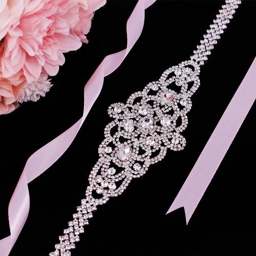 Bridal Belts with Silver Diamond Crystal Bridal Wedding Accessories Belts for Women Wedding Gown: Pink Ribbon Belt