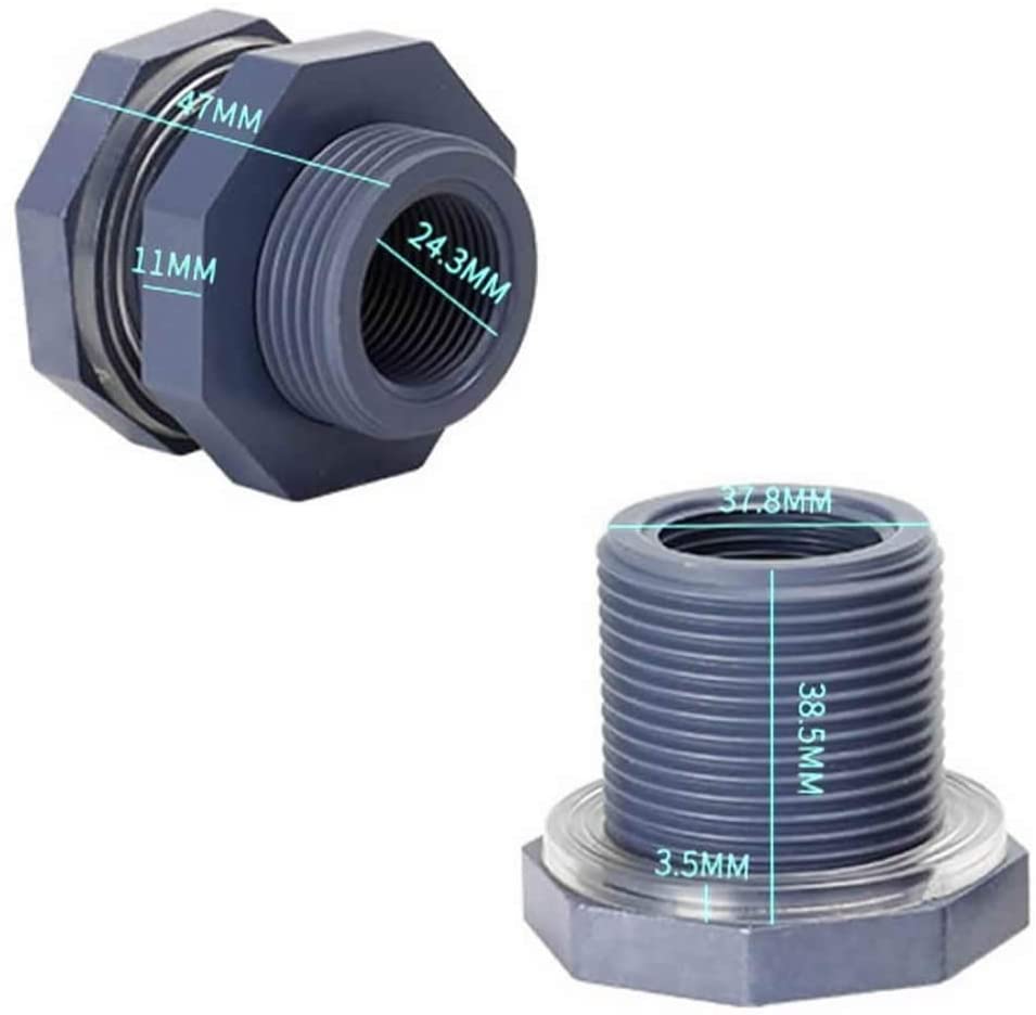 4 Pieces PVC Bulkhead Fitting with Plugs for Rain Barrels, Water Tanks, Pools (3/4 Inch+4 Mm Thick Silicon Seal Gaskett, Grey)