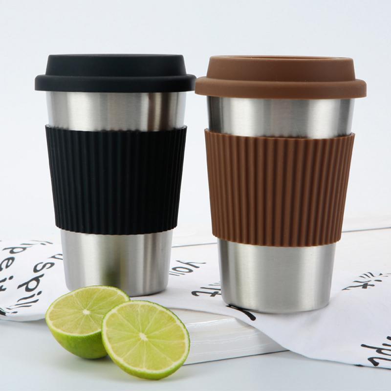 Stainless Steel Coffee Cup with Silicone Lids Non-slip Anti-scalding Sleeves Drinking Tumblers Beer Milk Tea Coffee Mugs 400ml