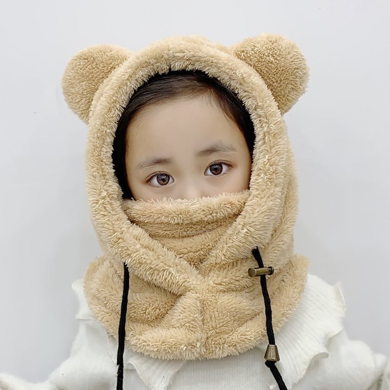 Winter Cute Selling Cute Bear Ears Warm Hat Windproof Neck Scarf Cap Student Women Children Plus Cashmere Cap: khaki 3-12 years old