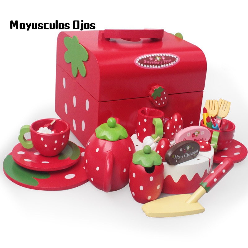 Houten Afternoon Thee Aardbei Rode Verjaardagstaart Cut En Cut kinderen Speelhuis Keuken Speelgoed Set
