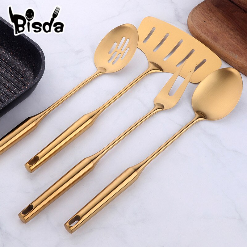 1/4 pcs Rose Gold Kitchen Accessories Gold Matt Utensil Stainless Steel kitchenware Long Service Spoon Fork Fish Cooking Tool