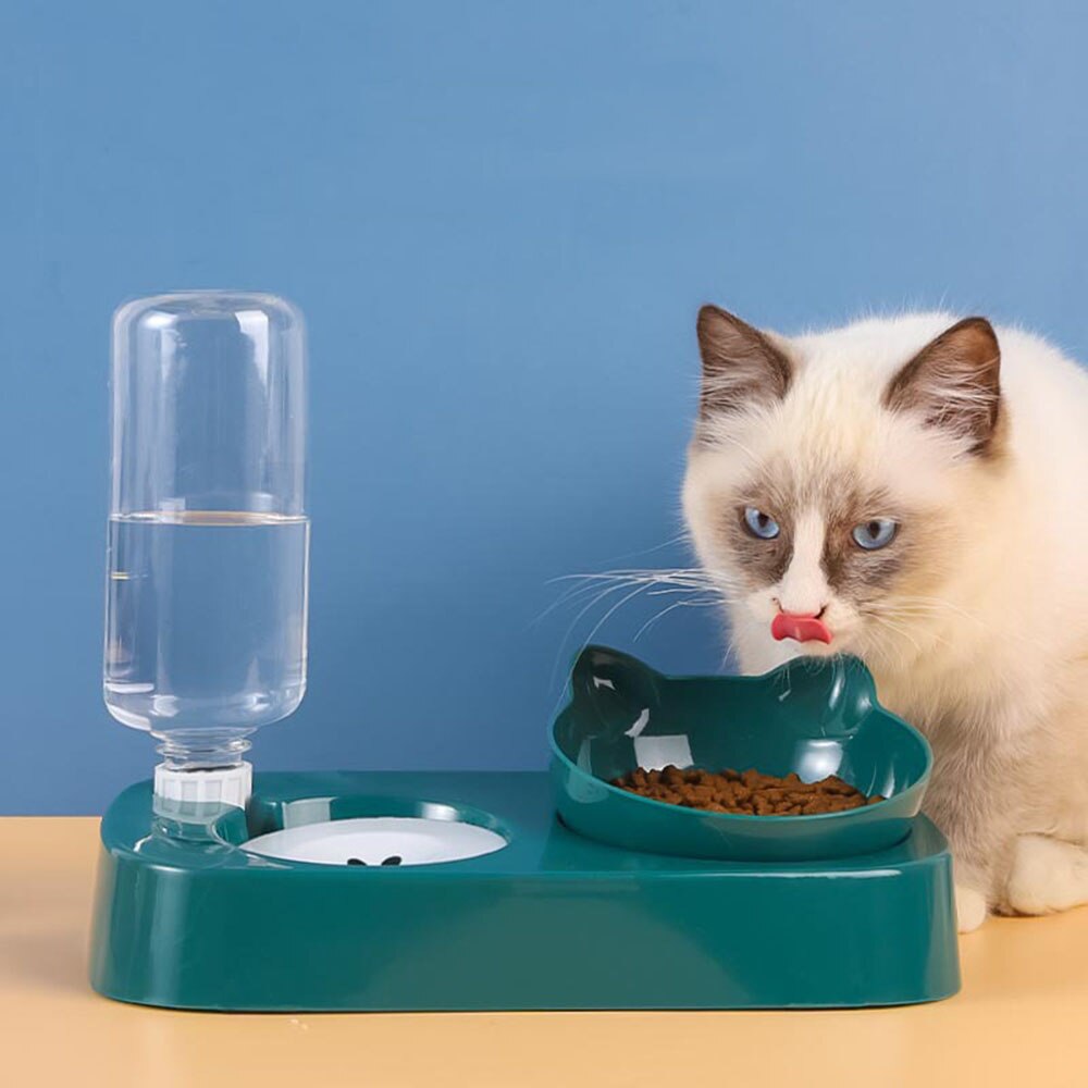 Double Cat Bowls with Stand Automatic Water Storage Dispenser Pet Dog Food Bowl 2-in-1 Splash-proof Water Container Bowl Feeder