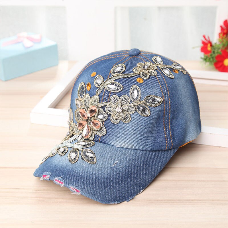 Nueva gorra de béisbol de lujo con diamantes de imitación para mujer gorra de béisbol vaquero con patrón floral de para mujer con diamantes de cristal: C