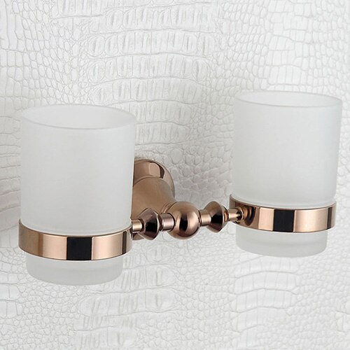 Rose Gold Bathroom Accessories Set Shower Soap Glass Shelf Liquid Dispenser Copper Toilet Brush Towel Holder Bath Room Hardware: Double Cup Holder