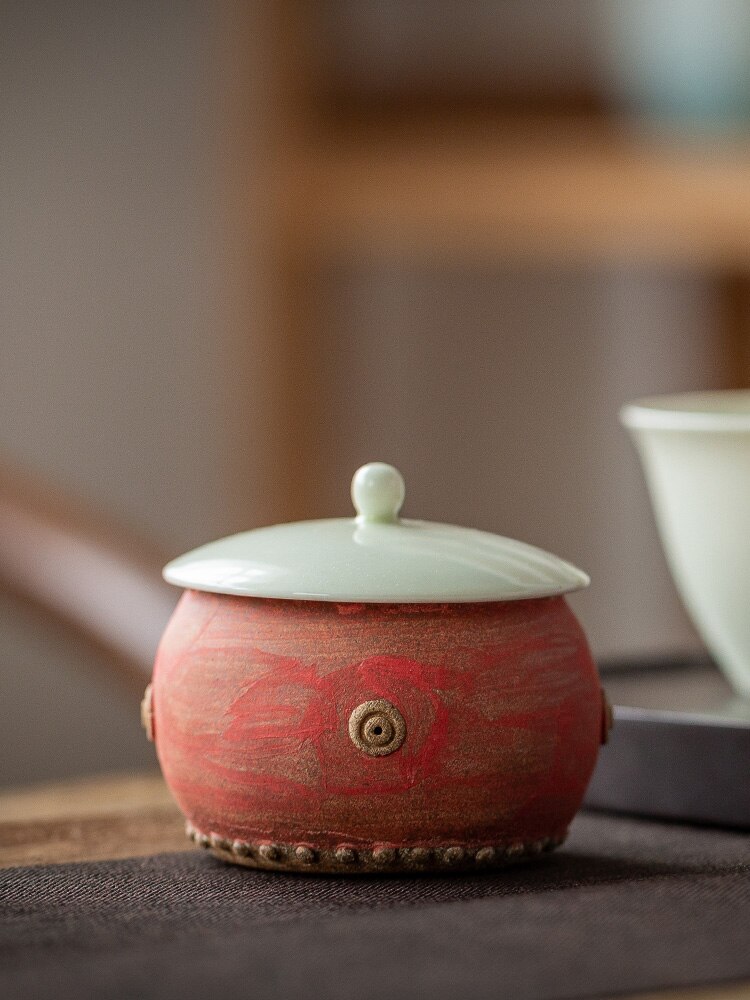 Tambour rouge vieux couvercle en céramique de pierre avec couvercle de Pot de sable violet avec ornements d&#39;animaux de thé Boutique peut soulever le tapis de thé