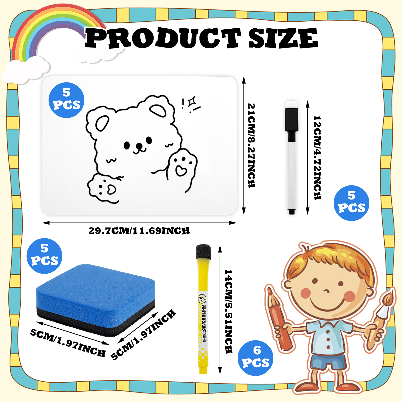 5-delig mini droog uitwisbaar bord, langdurig klein wit bord met marker en gum, dubbelzijdig droog uitwisbaar whiteboard voor kantoor