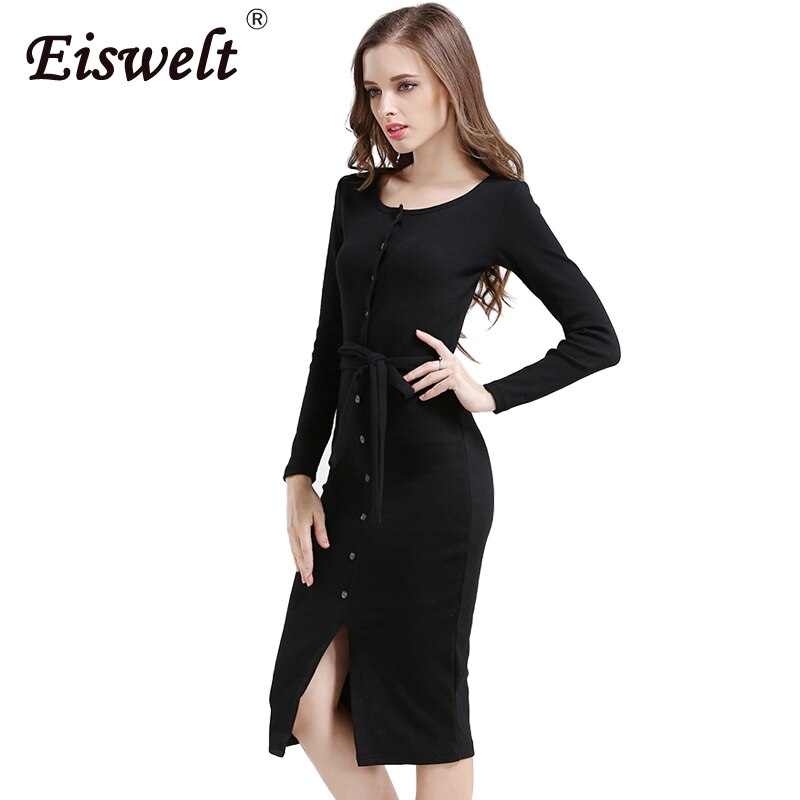 EISWELT Gebreide Vintage Jurk vrouwen Herfst en Winter Bodycon Vestidos Lange Mouwen Fitness Jurken