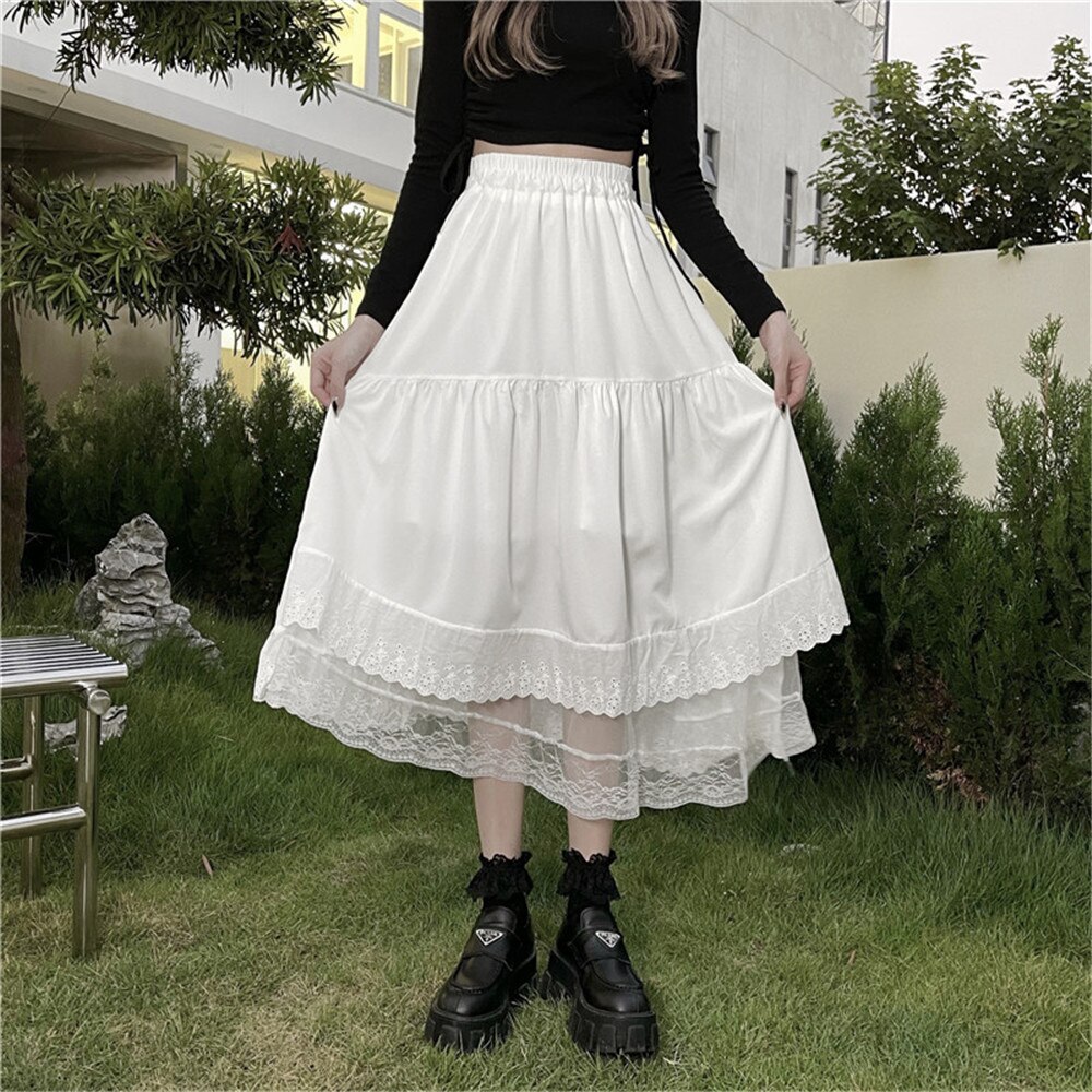 Jupe longue plissée noire et blanche pour femmes, Streetwear, couleur unie, décontractée, ample, élastique, taille haute, volants, doux