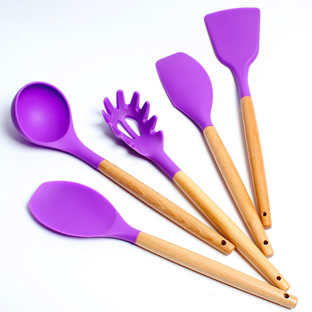 12PCS Silicone Turner Set Wooden Handle Non-stick Cooking Spatula Shovel Kit Kitchen Utensil with Bucket Baking Tools Cookware