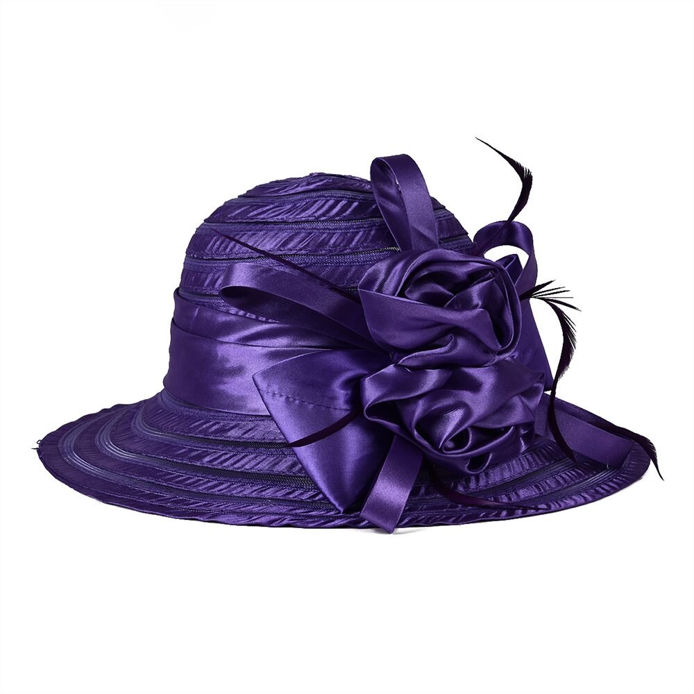 VOBOOM Organza été chapeau femmes vert large bord Protection solaire mariage église mer plage chapeaux rayure dames chapeau arc fleur 001: VIOLET