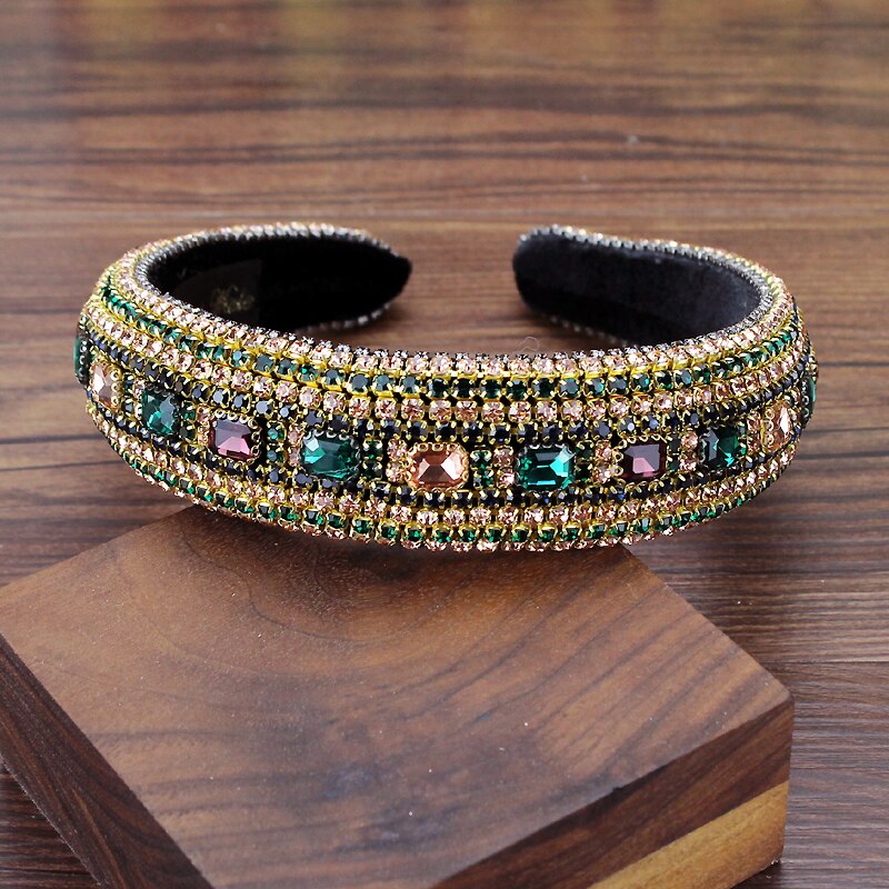 Boho Pieno Splendido Diamante Imbottito Barocco Fasce di Cristallo di Lusso Hairbands Per Le Donne Del Rhinestone Tiara Bling Accessori Per Capelli: green