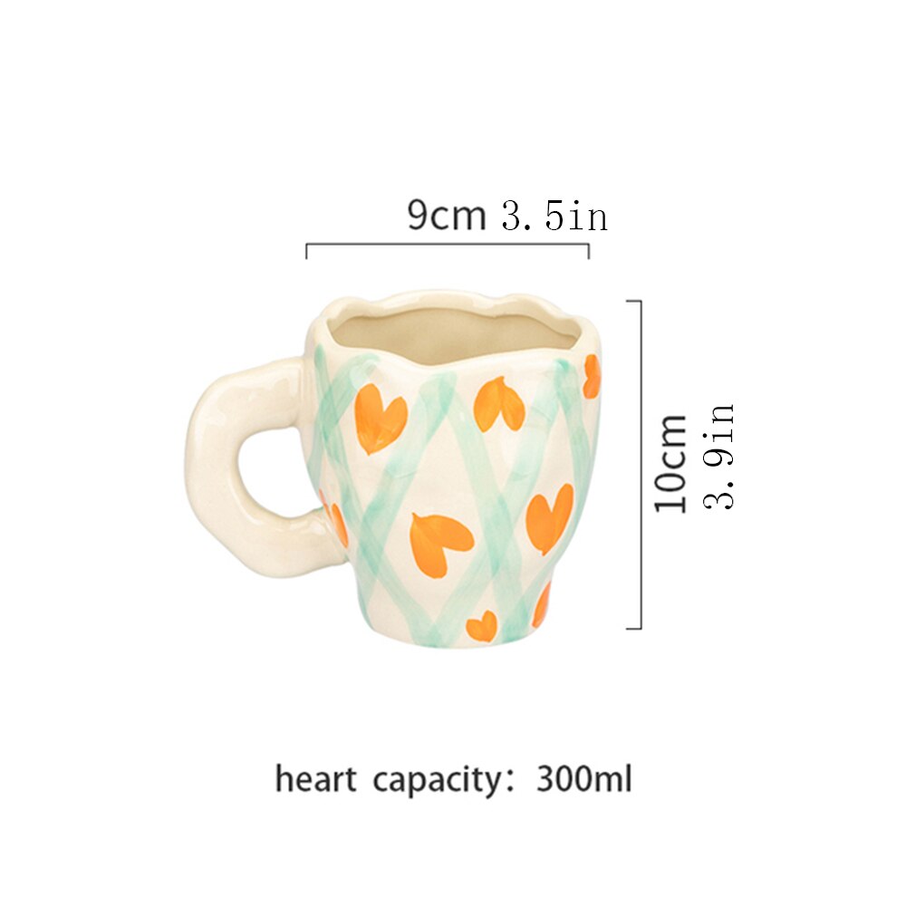 Tasse d'art en céramique avec soucoupe, tasse à eau en céramique avec pince à main, tasse à café, ensemble de tasse à jus de lait pour le petit déjeuner,: heart
