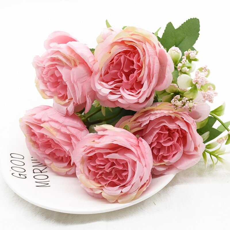 1 stk 5 gafler 9 blomster bryllup hjemmedekorasjon tilbehør kunstig peon bukett gjør det selv blomsterarrangement jul: 2