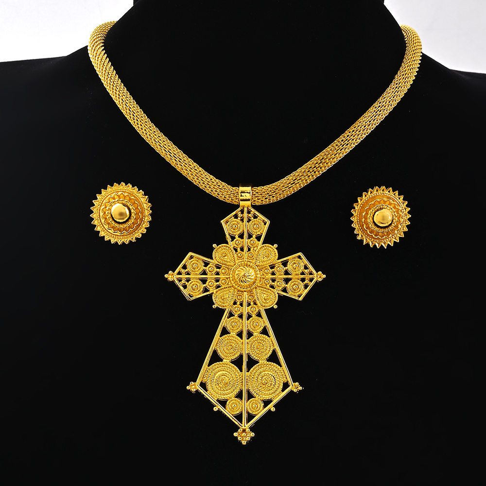 Saoedi-Arabië 24K Goud Kleur Ethiopië Vrouwen Sieraden Ketting Oorbel Afrikaanse Arabische Bruids Set Habesha Eritrea Party: Champagne goud