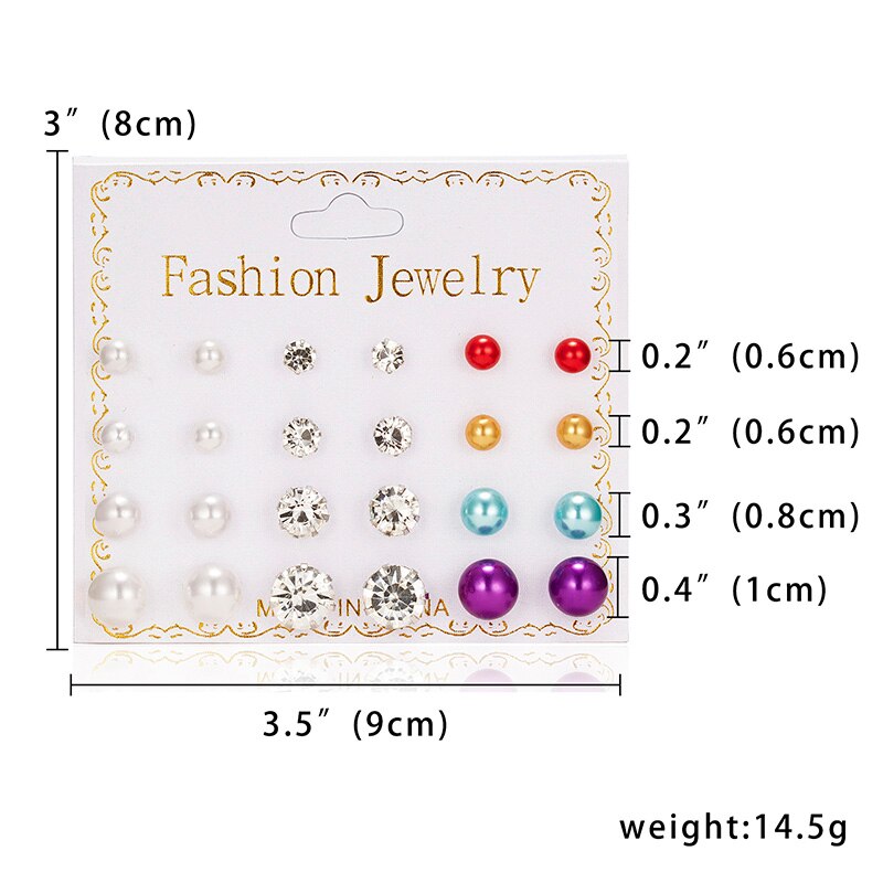 12 Paren/set Crystal Bead Stud Oorbellen Set Voor Vrouwen Geometrische Bloem Strik Parel Verklaring Partij Sieraden: 2