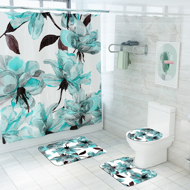 180 x 180cm natuurbloemen waterdichte polyester douchegordijnen badkamergordijnen sets toiletmat antislip badmat set: B 4 stuks