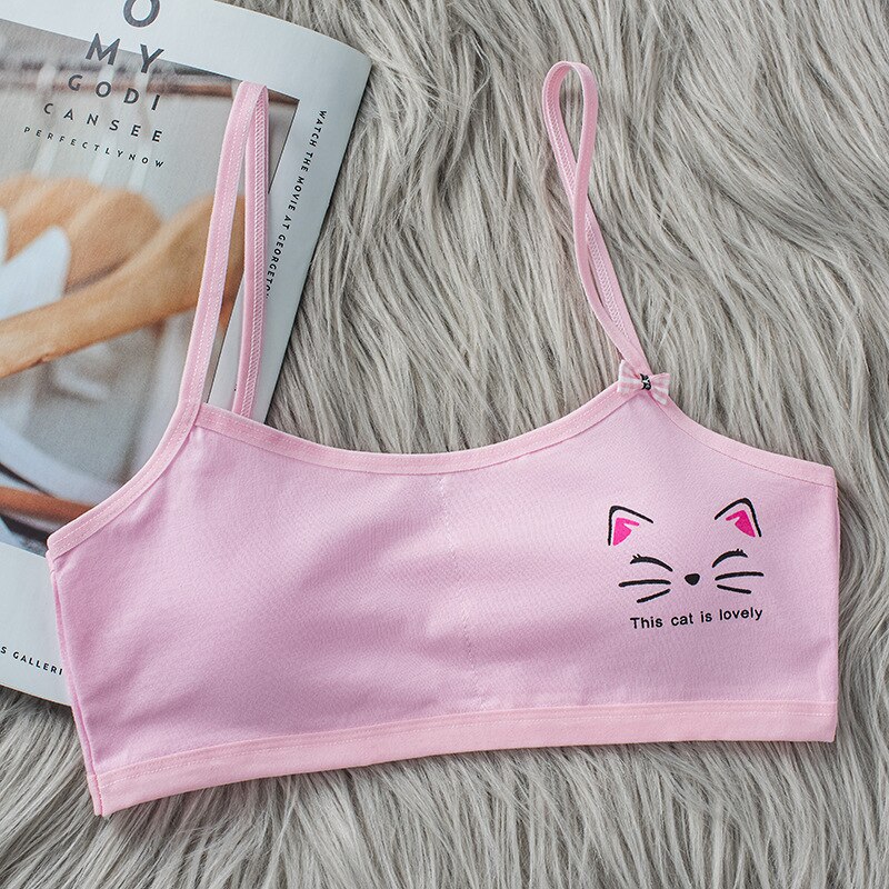 Girl Bra Cartoon Cat Pattern Vest Base Tube Top Cotton Wireless Comfort Bra Sports Bra 8-16 Years Old Training Bra: 4