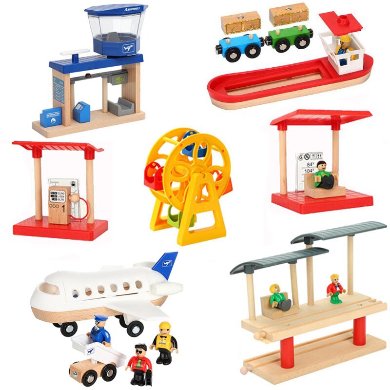 Houten Trein Spoor Accessoires Vliegtuig Luchthaven Hout Dubbele Platform Rail Auto Tracks Speelgoed Voor Kinderen