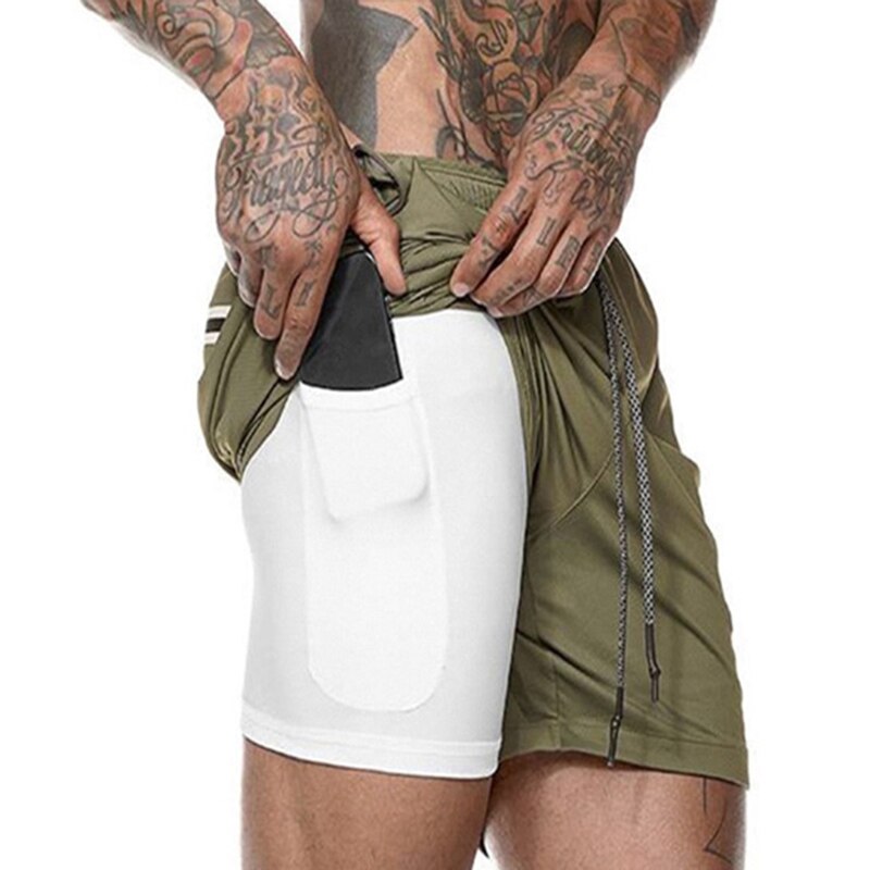 Men Knee Length Sweatpants Short Sportswear Summer Double Layer Straight Fitness Shorts: XXL / army green