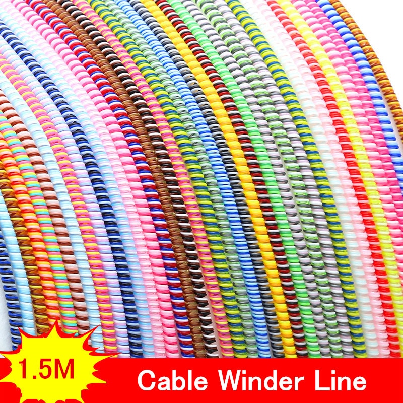 1.5M Solid Colorful TPU Spiral USB Charger Cable Cord Protector Wrap Cable Winder For iPhone Android USB Earphone Cover