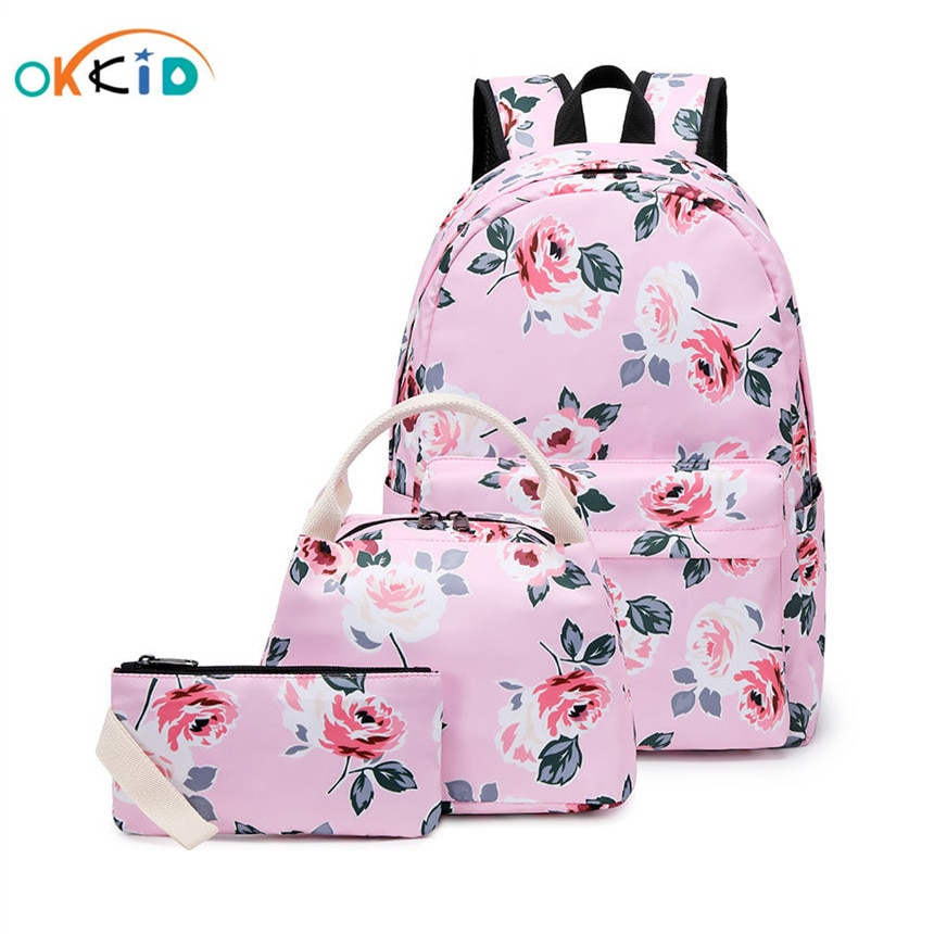 OKKID Blumen- schule Rucksack für mädchen grün blumen schule taschen buch tasche freundlicher Kuli bleistift tasche einstellen nette lebensmittel tasche