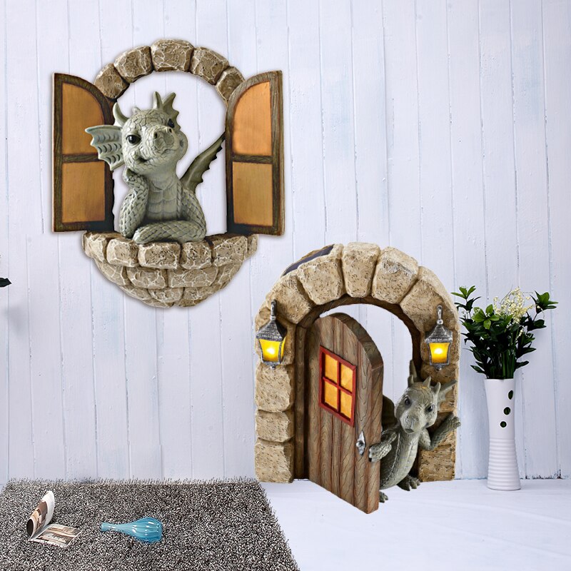 groß Hocken Drachen Skulptur Wasser sprühen Öffnen sterben Tür Fenster Figur Drache Statue Harz Handwerk Harz Ornamente Ich bin Freien Dekor