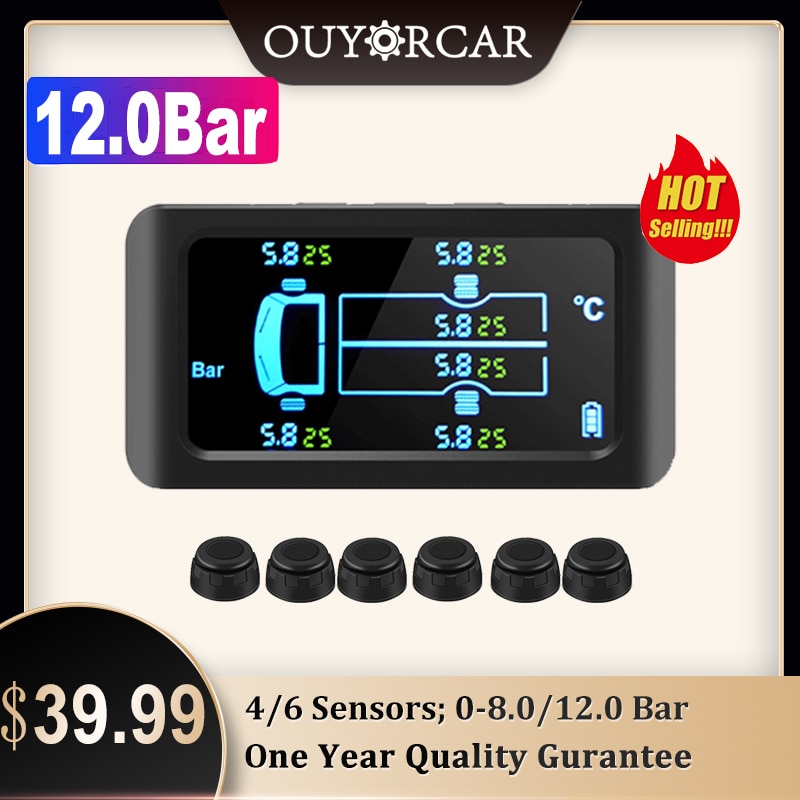 Wireless Truck TPMS Tire Pressure Monitoring System 12.0 Bar 6 External Sensors Car Solar Charging Monitor Tyre Pressure Sensor