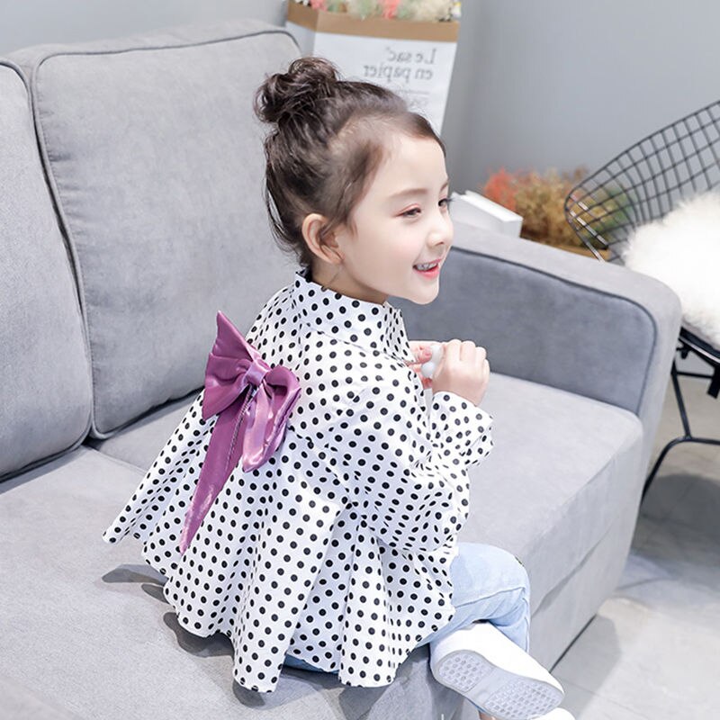 Blusa de manga larga con estampado de puntos para niñas de primavera, camisetas con lazo para niñas de chico y bebé, camisetas para niños de otoño, dulce camisa suelta, ropa A08