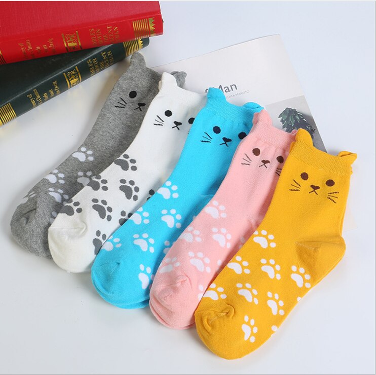 5 Pairs Leuke Harajuku Vrouwen Sokken Set Cartoon Print Katten Poot Patroon Katoenen Sokken Met Kat Oren Voor Vrouwen herfst Sokken