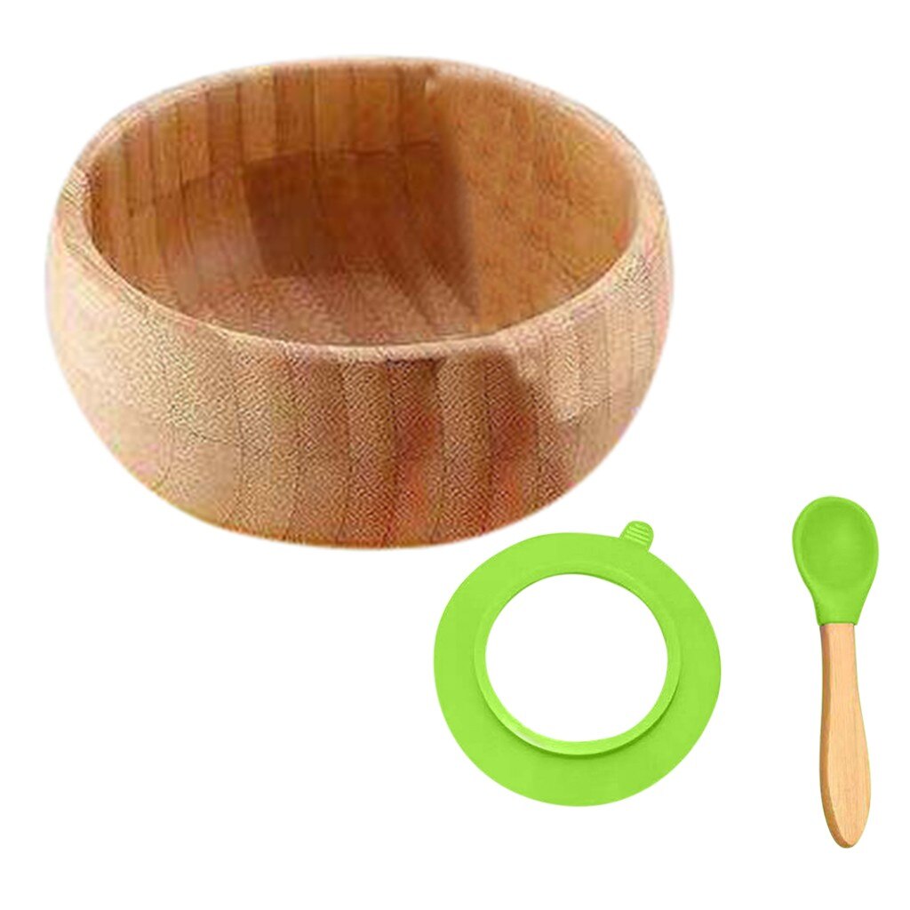 Baby børneservise sæt runde bambus skål silikone ske sæt skridsikker sugekop fodring skål til børn køkken bestik sæt: Grøn