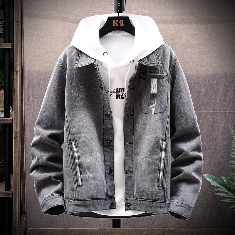 Denim Jacket Men's Fall Trend Lapel Long Sleeve Tooling Denim Jacket: Gray / L