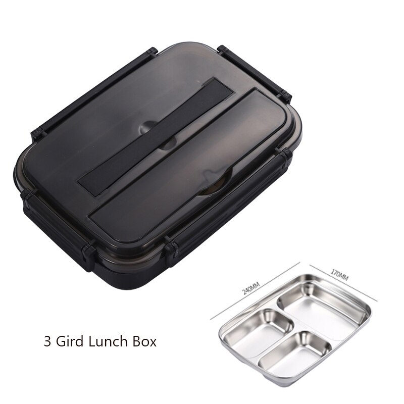 Lunch Bento Box Voor Werk Draagbare Lekvrij Servies Rvs Mannen Lunchbox Outdoor Picknick Voedsel Opslag Snack Containers: Black 3 Gird 1.1L