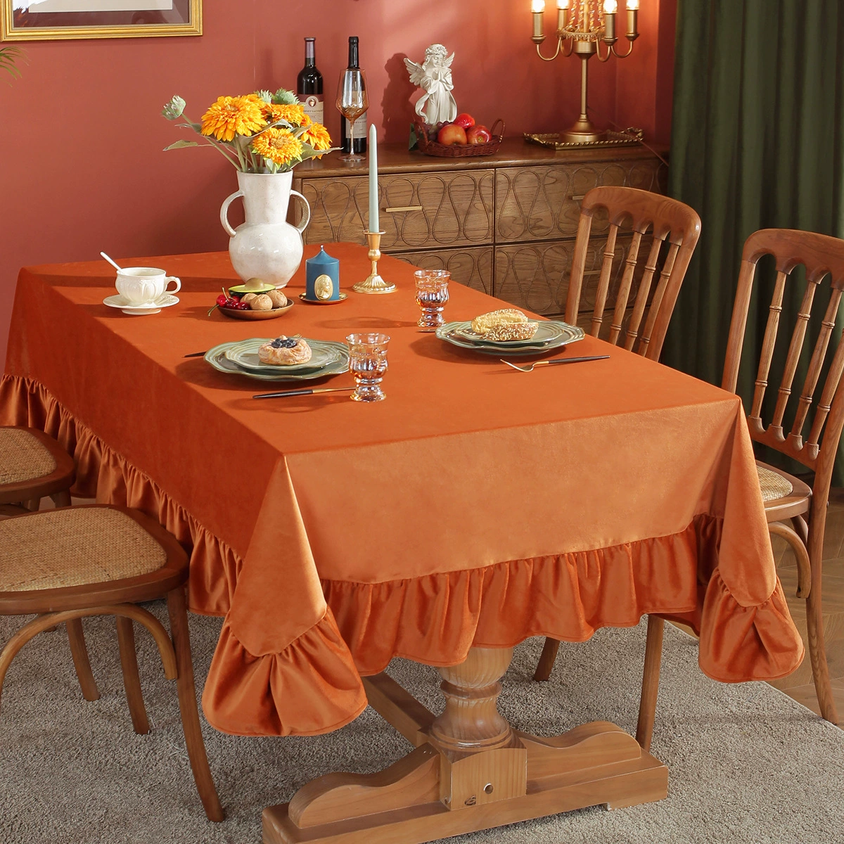 Velvet Tablecloth Luxurious Solid Rectangle Table Cloth,Oblong Retro Farmhouse Ruffle Tablecloth Washable Table Cover for Table: Orange / 132*132cm