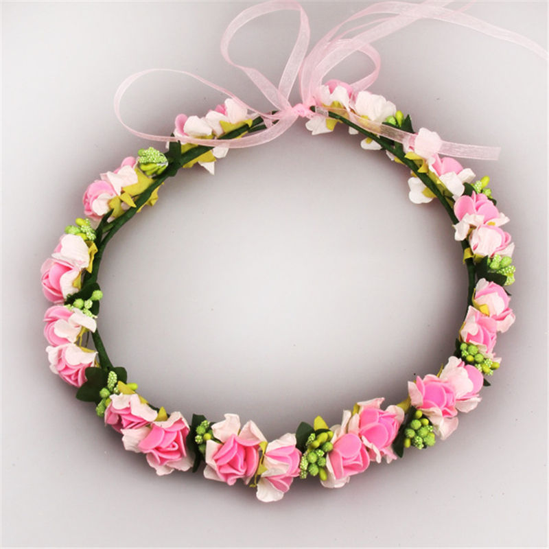 Women Wedding Artificial Flower Wreath Handmade Fabric Adjustable Wreath Head wear Flower Crown Bride Hair Accessories: Rose red