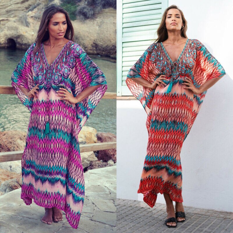 Dames boho retro bloemenprint bikini cover-up met franjes en kwastjes zomer halflange chiffon cardigan enkellange kimono cape