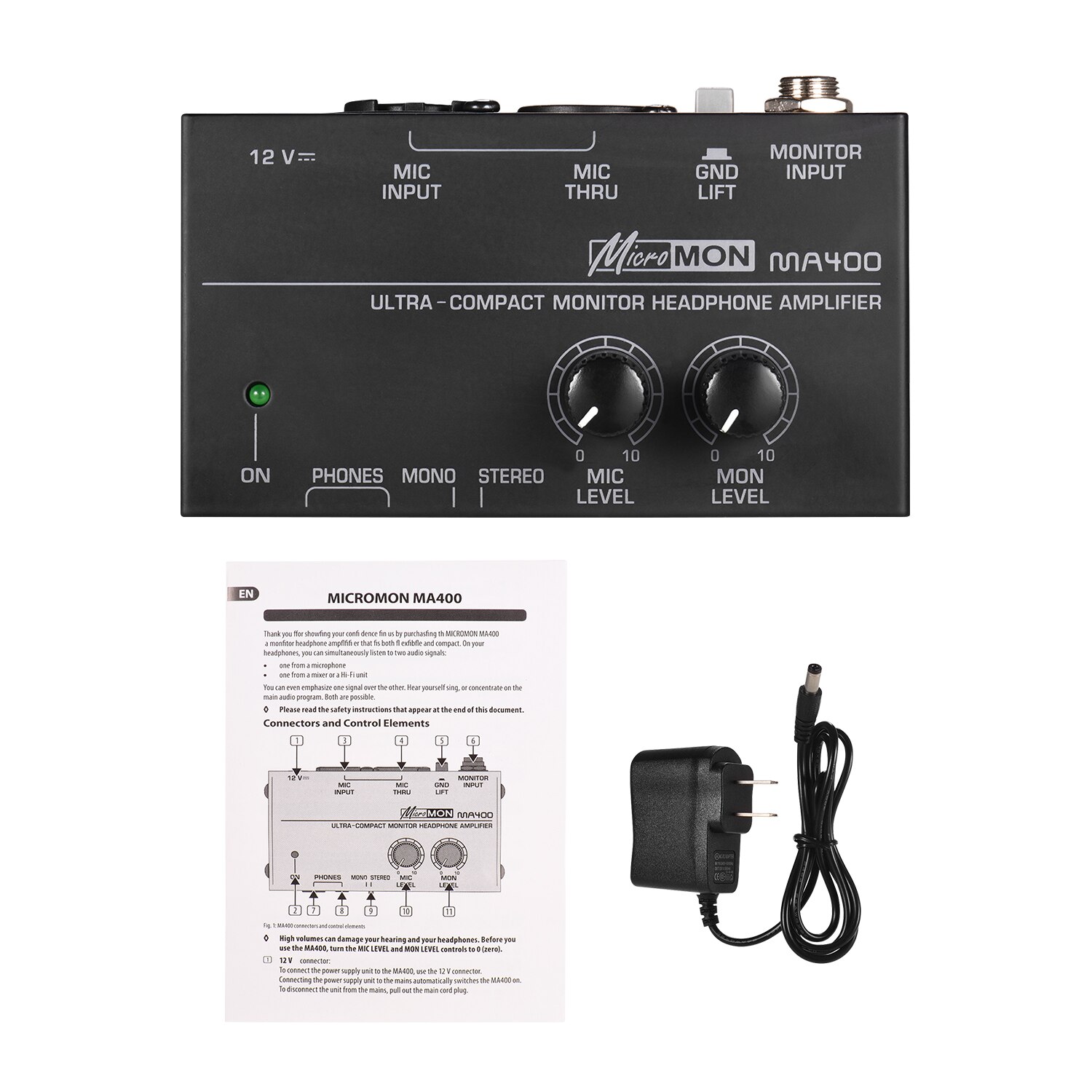 Ultra-Compact Monitor Headphone Amplifier Amp with XLR Microphone Input 6.35mm Monitor Input 6.35mm & 3.5mm Headphone Outputs: US Plug