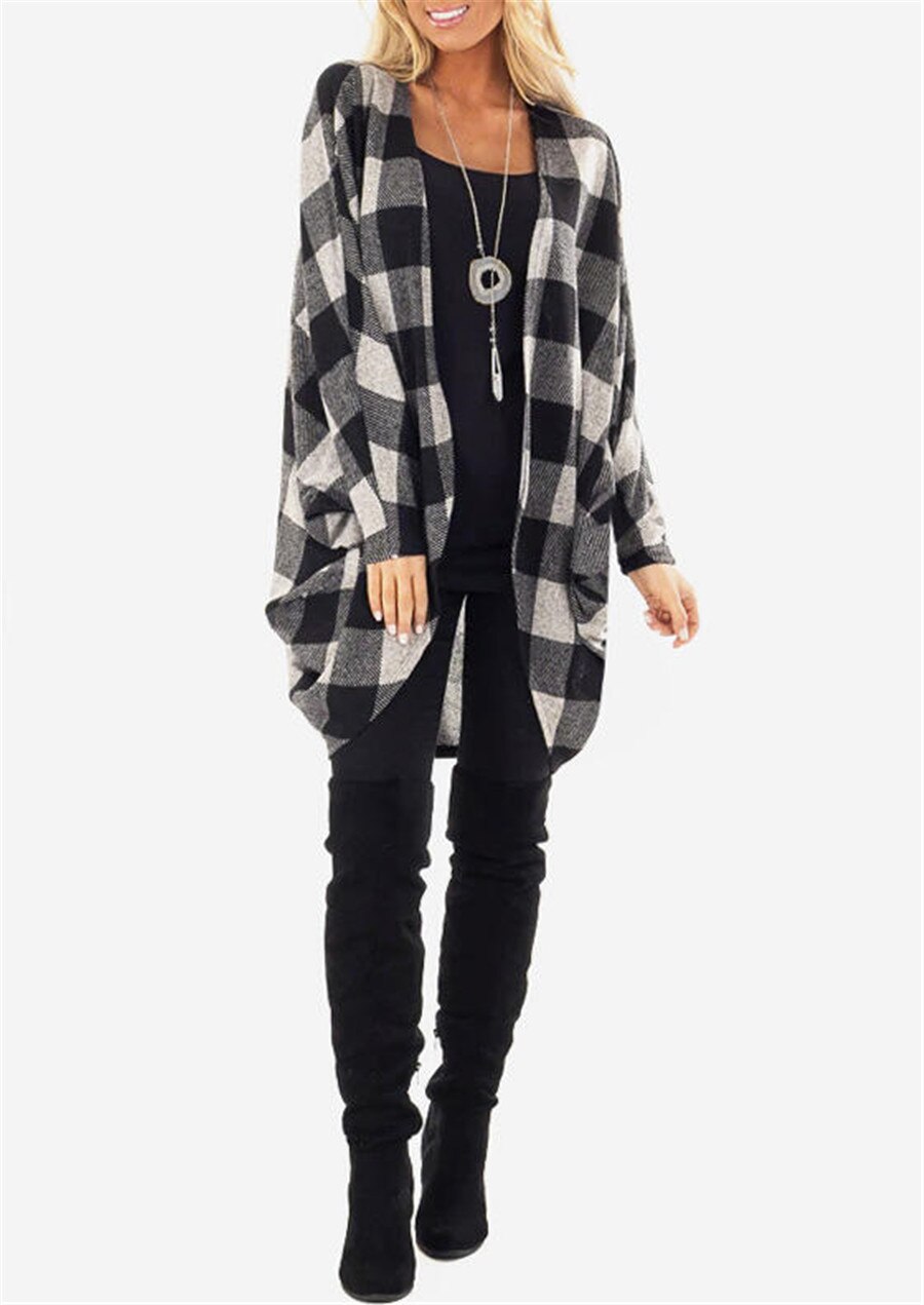 Rutig kappa kvinnor hösttröja ärmad topp lös kofta casual kvinnliga rockar rutiga koftor dam streetwear