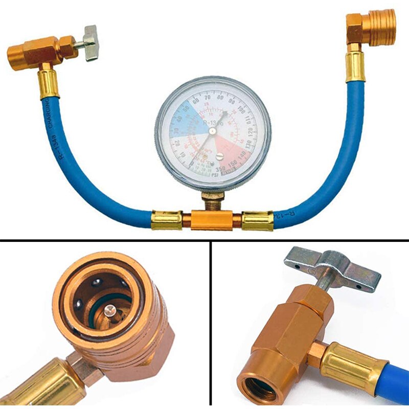 R134A AC Refrigerant Recharge Hose Kit with Measuring Pressure Gauge and 1/2 Inch Can Opener Tap Dispensing Valve Fit