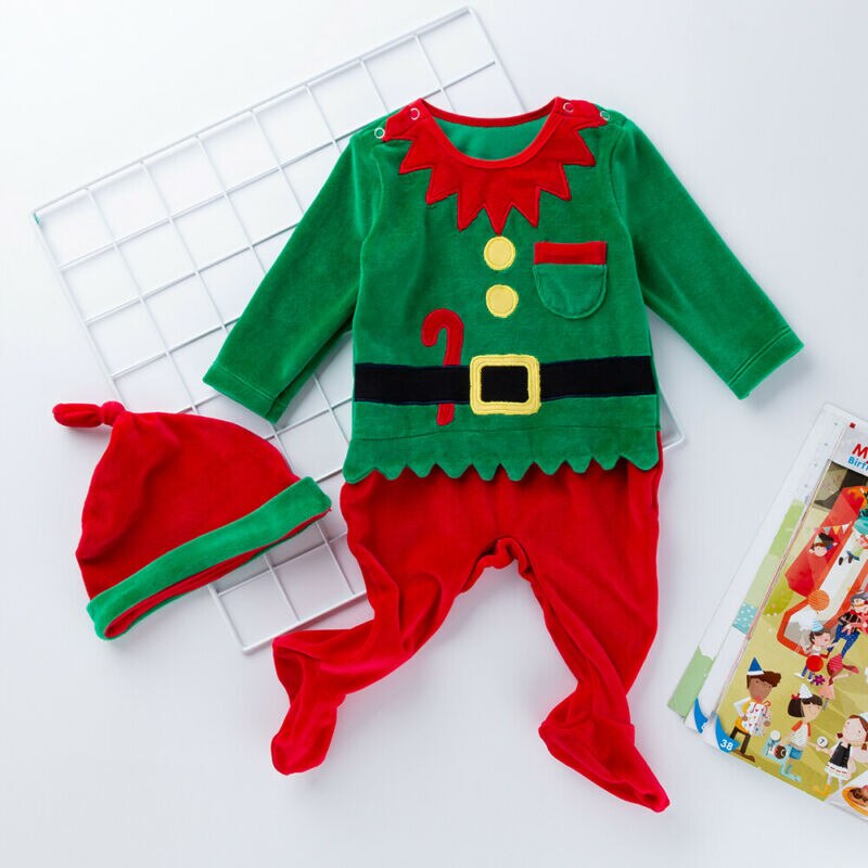 0-24M Christmas Baby Girl Boy Rompers Hats Xmas Santa Claus Clothes Velvet Romper Hat Outfit