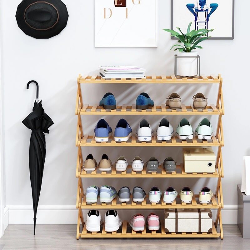 Shoe Rack Folding Multi-layer 3/4/5 Shoe Box Shelf Installation Free Shoe Cabinet Log Door Storage Rack Bamboo Shoe Cabinet