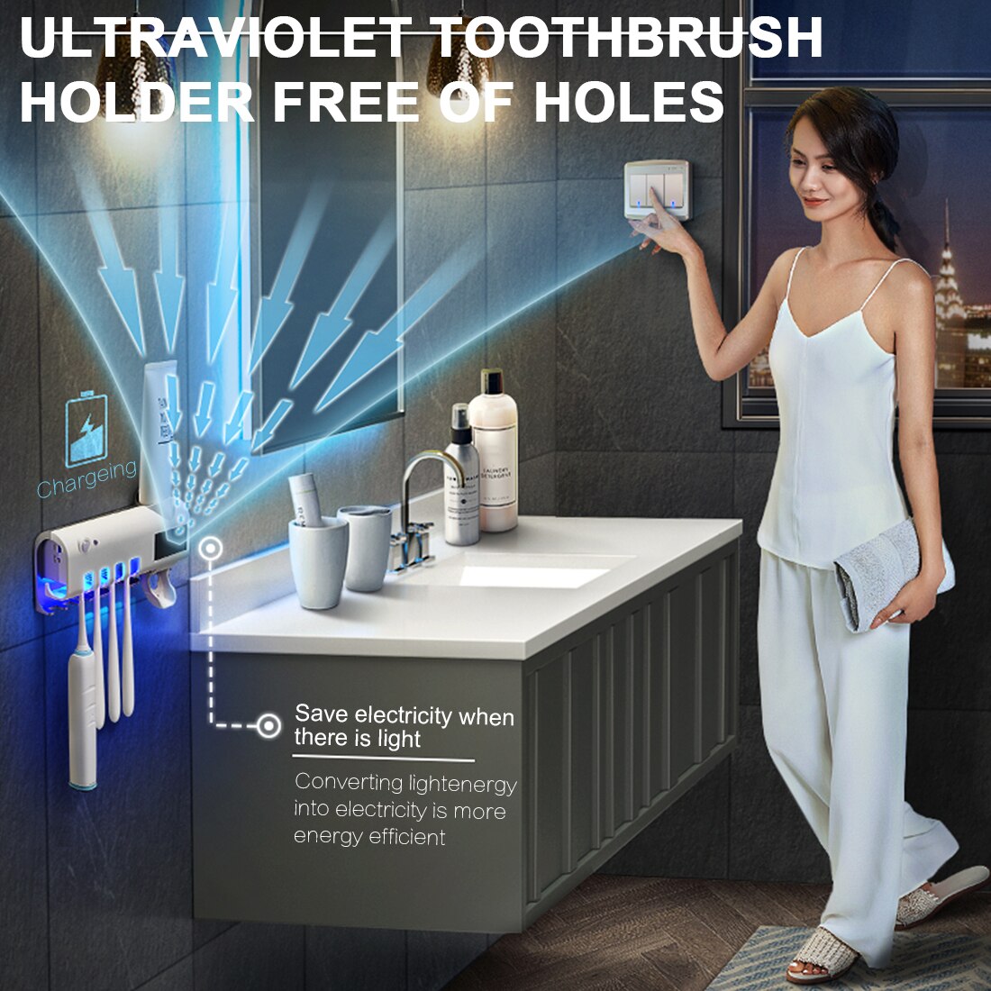 Porta spazzolino antibatterico a energia solare sterilizzatore distributore automatico di dentifricio spremiagrumi accessori per il bagno