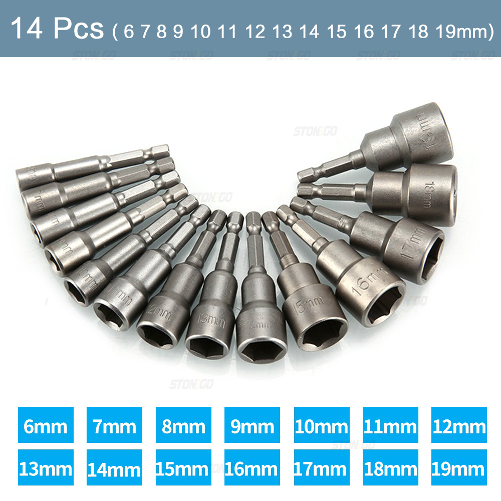 STONEGO 9PCS/14PCS Hexagonal Socket Nozzle Nut Screwdriver Set Metric Socket Wrench Power Nuts Driver Drill Bit Kit 1/4'' Driver: Brown