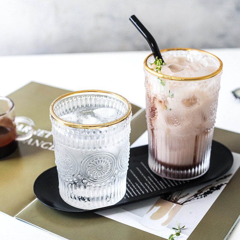 Chic Glas Cup Graveren Bloemen Koffie Mok Thee Beker Wijn Glas Goud Pringting Transparant Kristal Thuis Drinkware Huwelijkscadeau